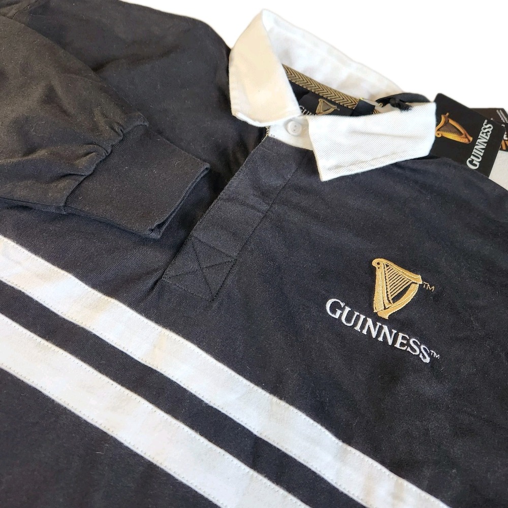 GUINNESS Rugby Polo Shirt Mens XL Black White Cotton Long Sleeve Irish Beer NEW